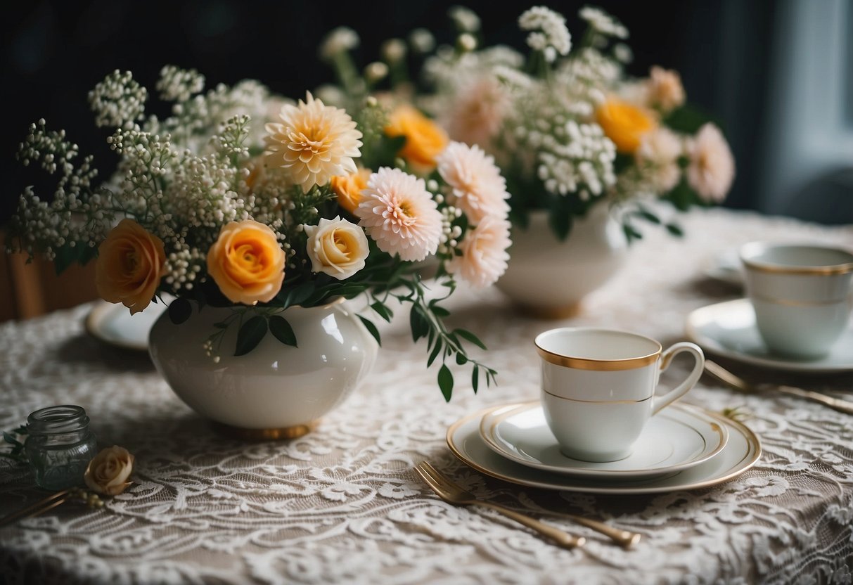 A table adorned with delicate lace and flowers, surrounded by joyful friends