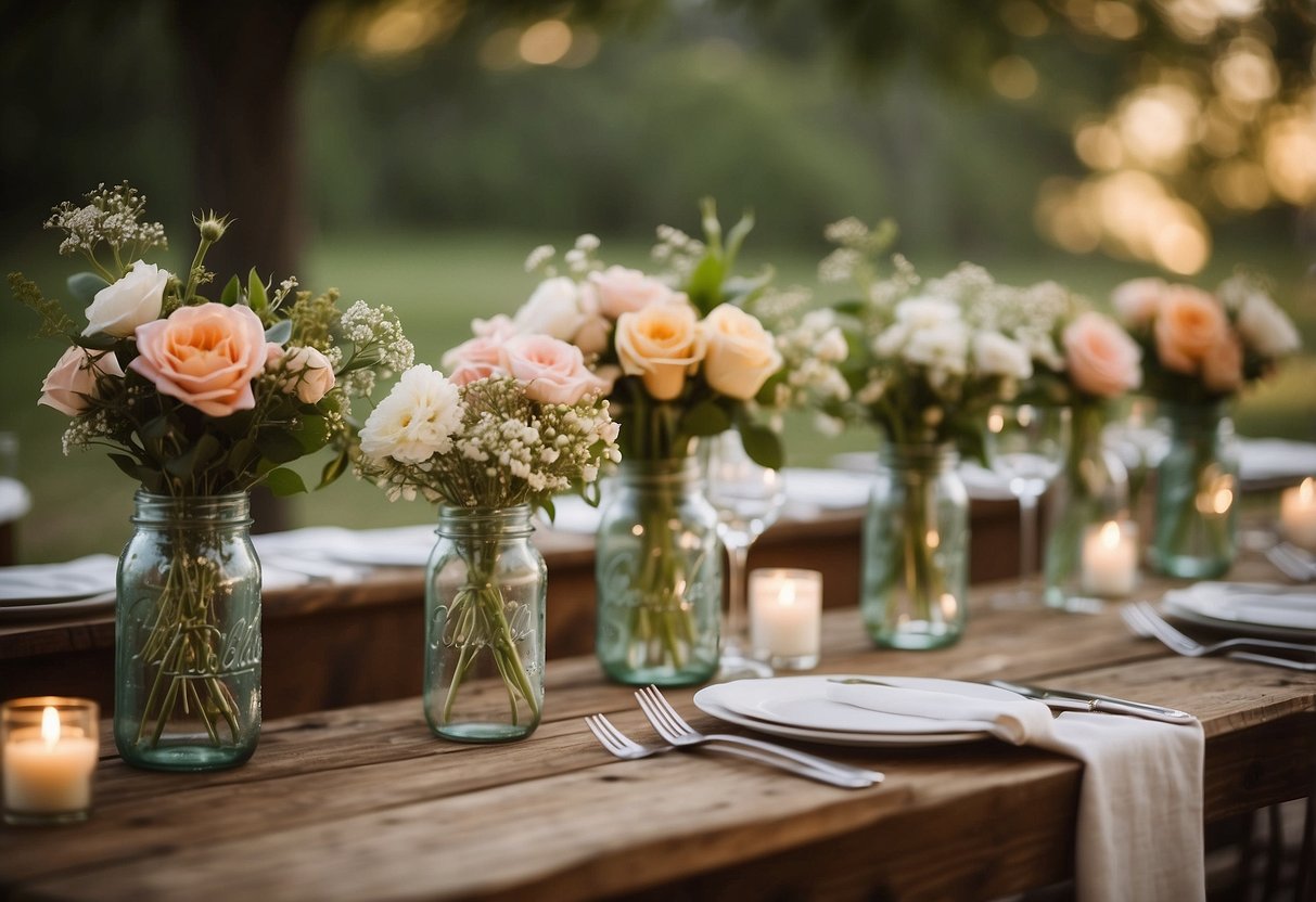 A table adorned with various sizes of mason jars, filled with flowers and candles, creating a charming and rustic wedding centerpiece display