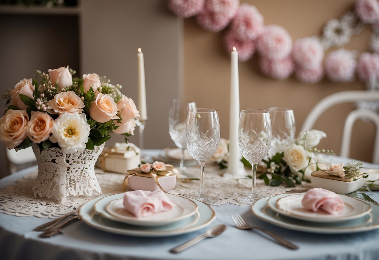 A table set with flowers, lace, and bridal decor. Gifts wrapped in coordinating colors. A banner with the words "Bridal Shower" hangs above