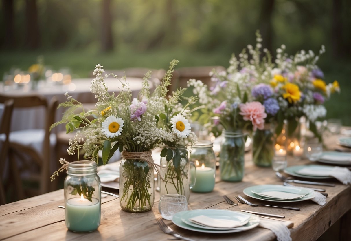 A rustic wedding table adorned with mason jar centerpieces in soft pastel colors, accented with twine and lace. The jars are filled with wildflowers and greenery, evoking a romantic and whimsical atmosphere