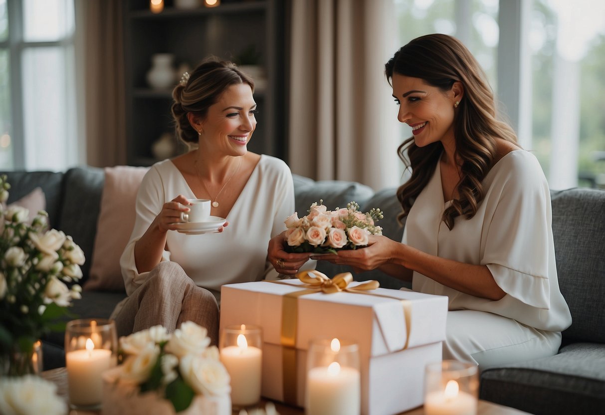 Mother presents bride with bridal shower gifts in a cozy, elegant setting