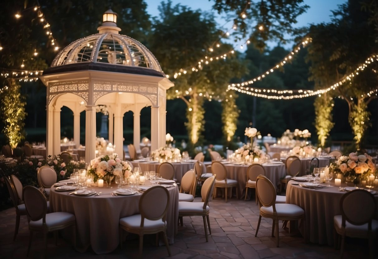 A grand ballroom with elegant table settings, floral centerpieces, and soft lighting. A picturesque outdoor garden with a gazebo and twinkling lights