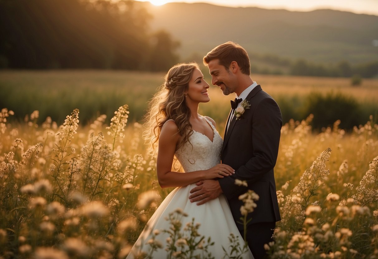 A bride and groom stand facing each other, surrounded by a field of wildflowers. The sun is setting, casting a warm, golden glow over the scene