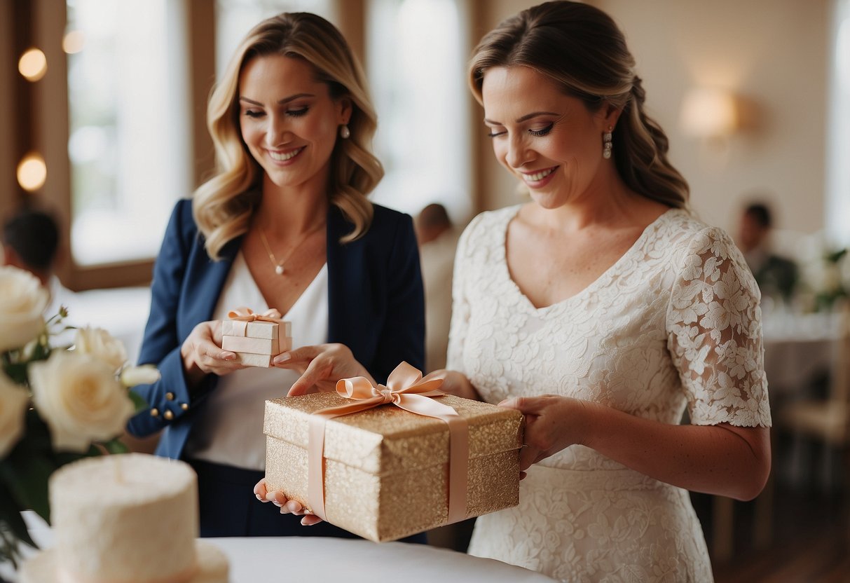 The mother presents the bride with a gift at the bridal shower