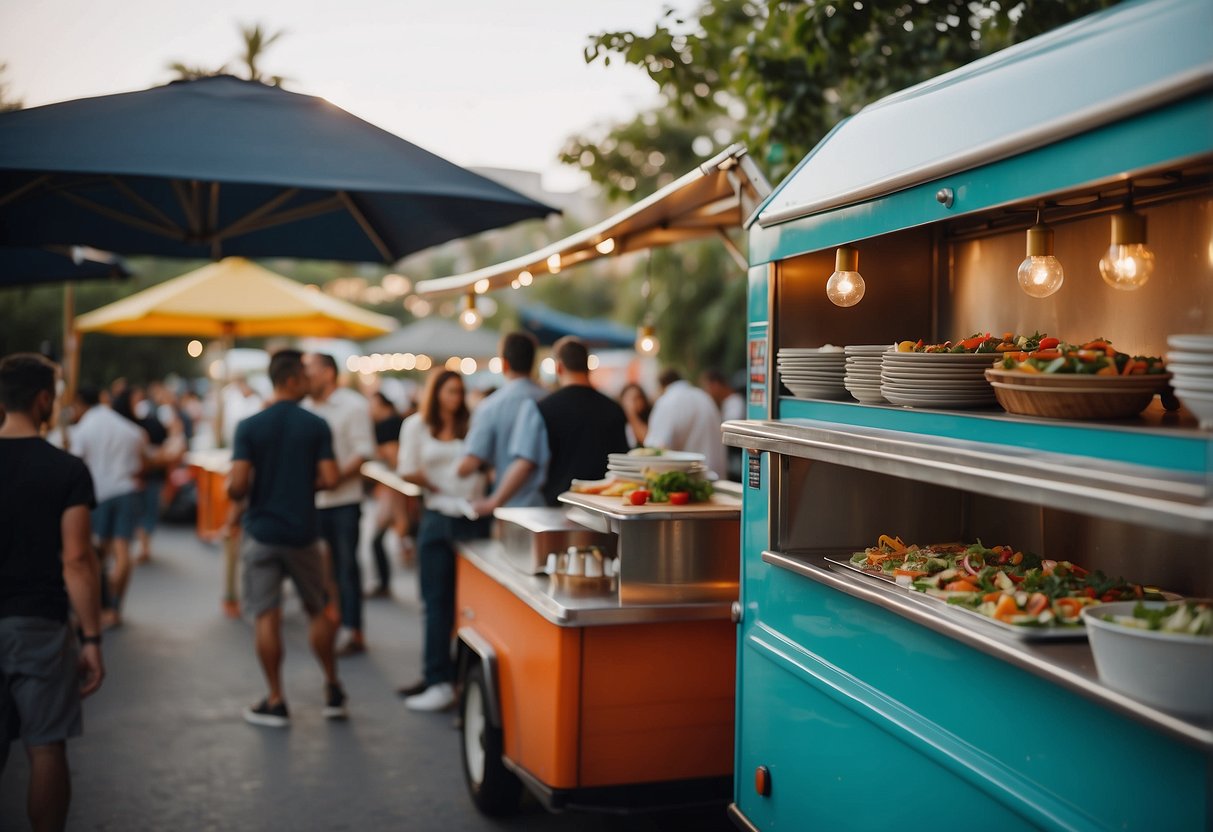 Colorful food trucks line the venue, serving a variety of cuisines. Tables are set up for guests to sample dishes and enjoy the festive atmosphere