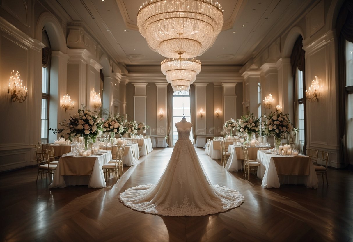 A grand ballroom adorned with elegant wedding dresses on display, set against the backdrop of a stunning wedding venue open house