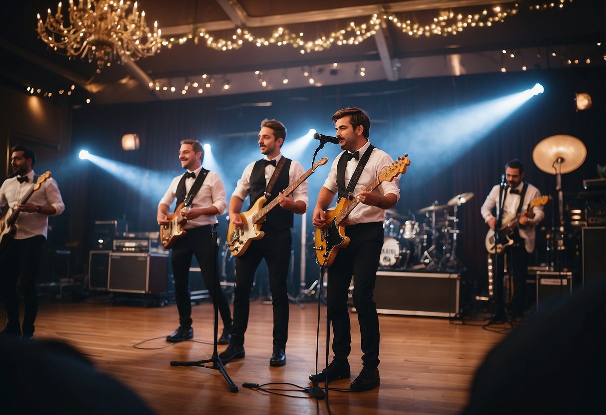 A live band plays on stage at a wedding venue open house, surrounded by elegant decor and twinkling lights