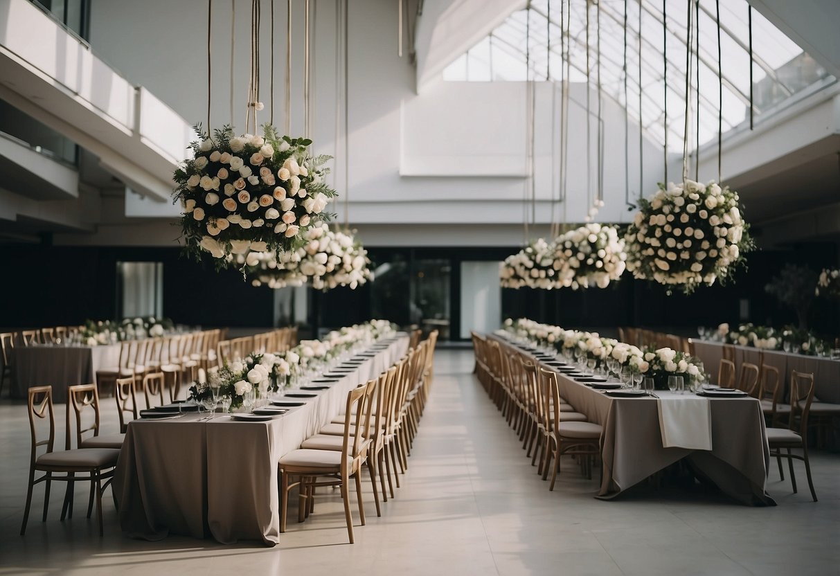 A sleek, minimalist wedding reception with geometric decor, hanging floral installations, and a monochromatic color scheme