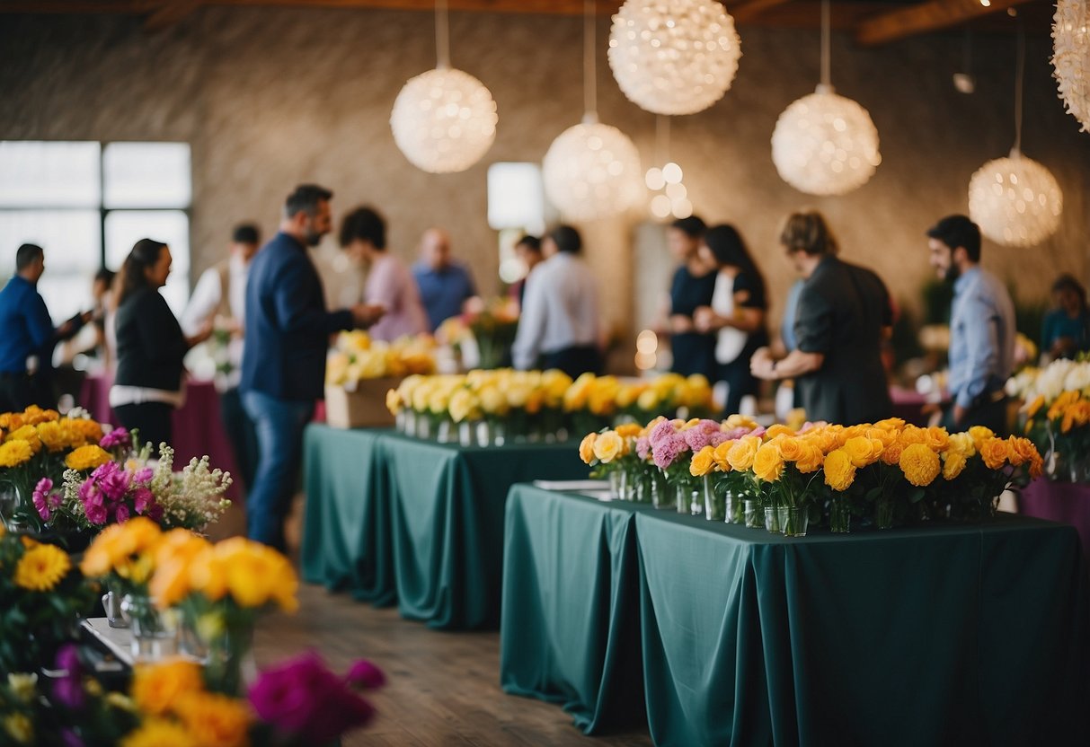 Vendors setting up colorful displays at a wedding venue open house