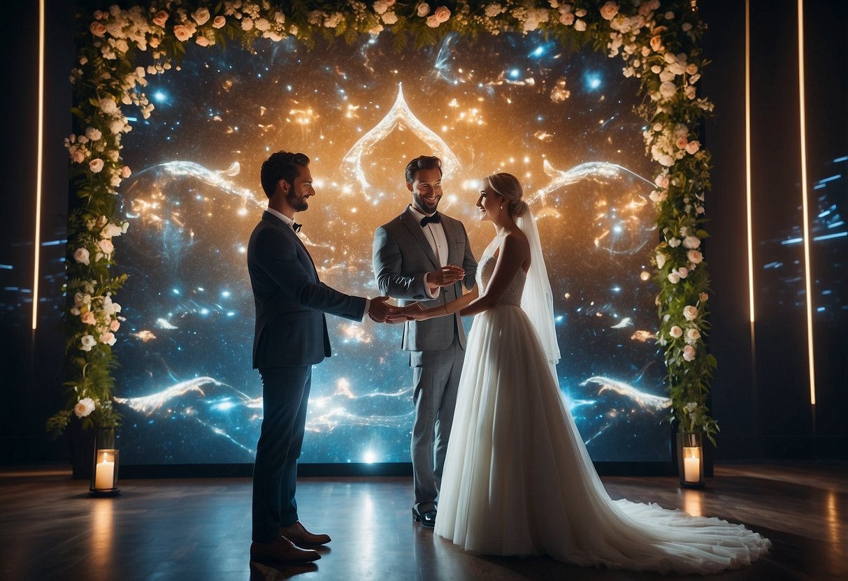 A bride and groom exchanging vows on a digital interactive display, surrounded by virtual reality guest experiences and holographic decor