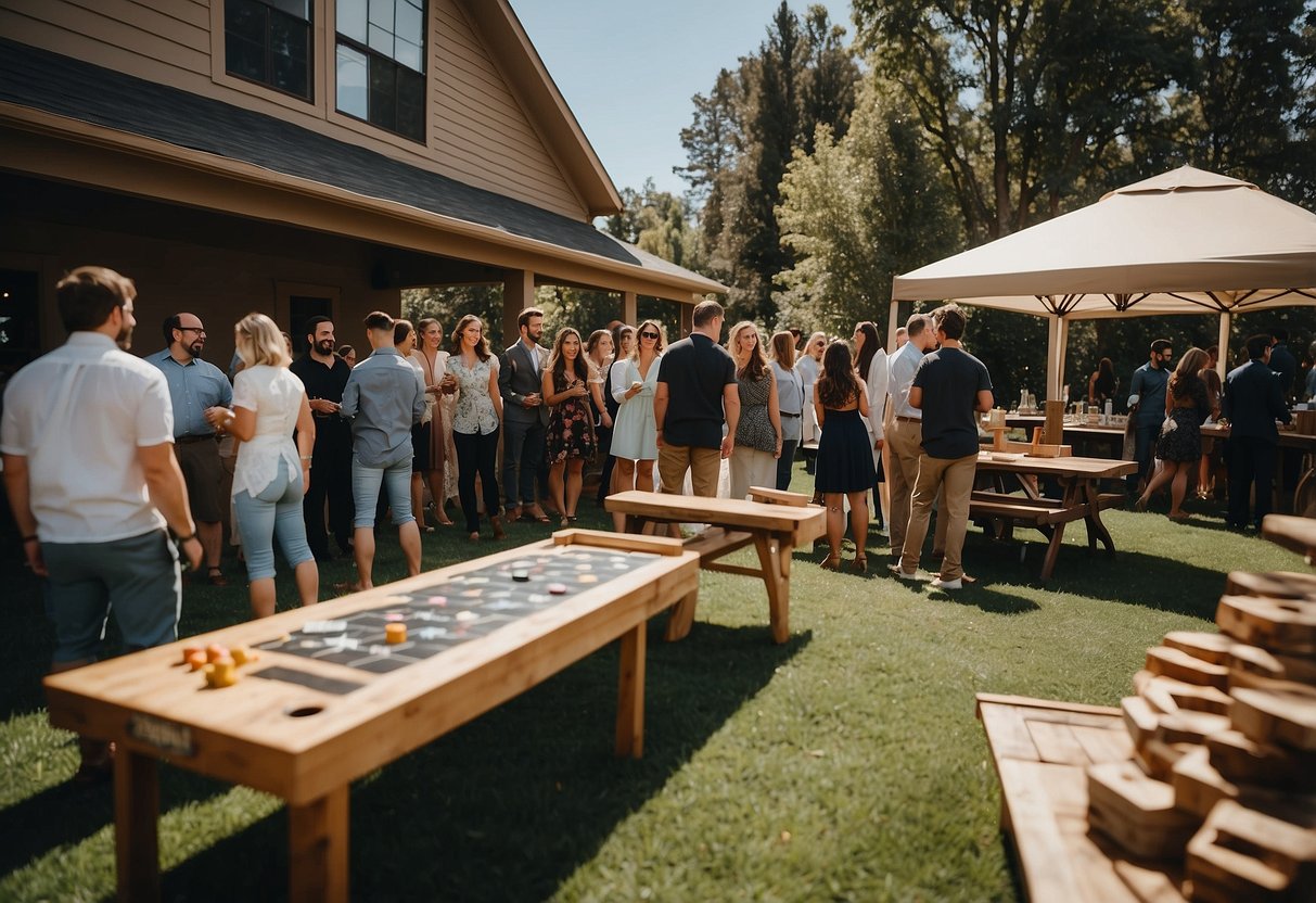 Multiple game stations set up at a wedding venue open house, with guests enjoying activities like cornhole, giant Jenga, and ring toss