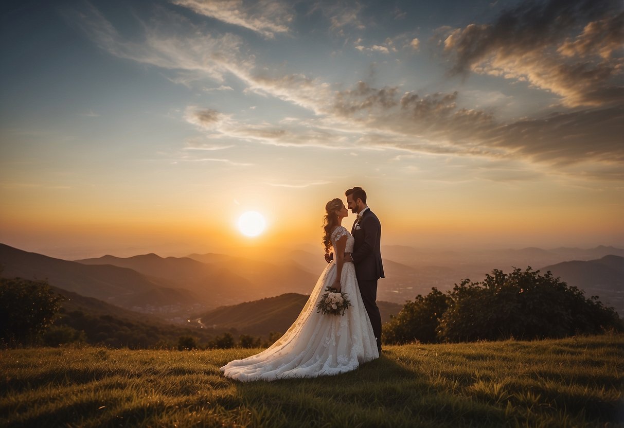 A bride and groom stand facing each other, with the sun setting behind them, casting their silhouettes against a beautiful landscape