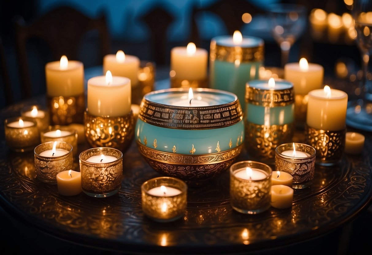 A table adorned with various ornate candles of different sizes and shapes, arranged in a beautiful display for a wedding celebration