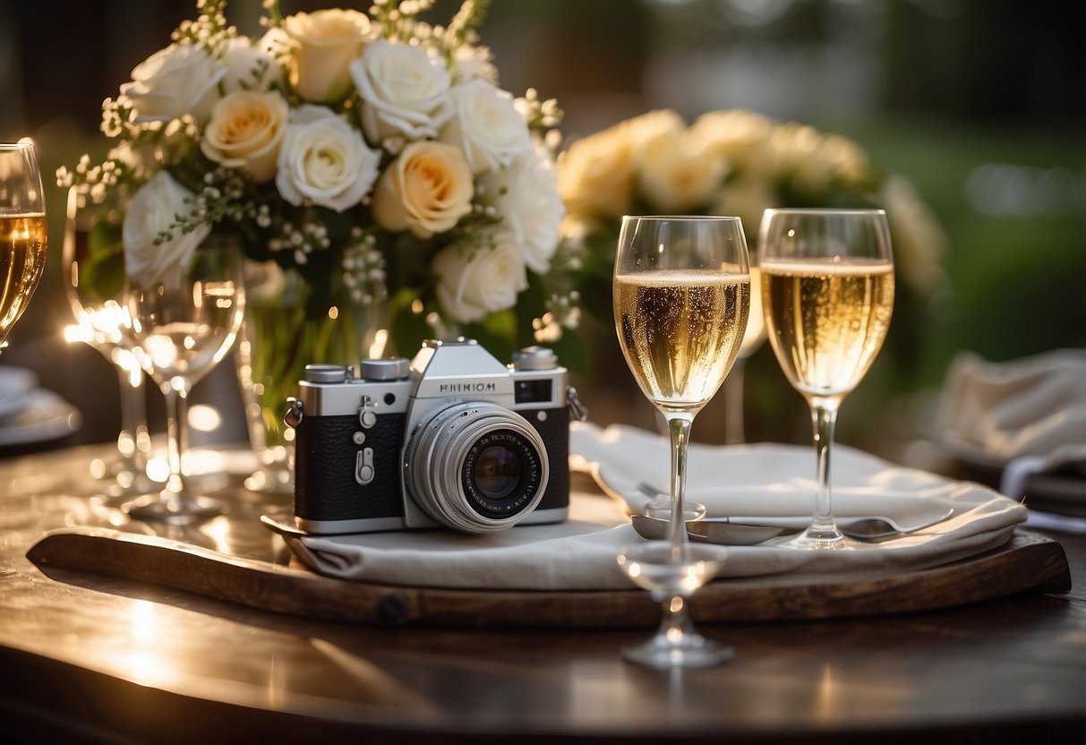 A table set with champagne glasses, a floral centerpiece, and a vintage camera. A soft, romantic lighting illuminates the scene