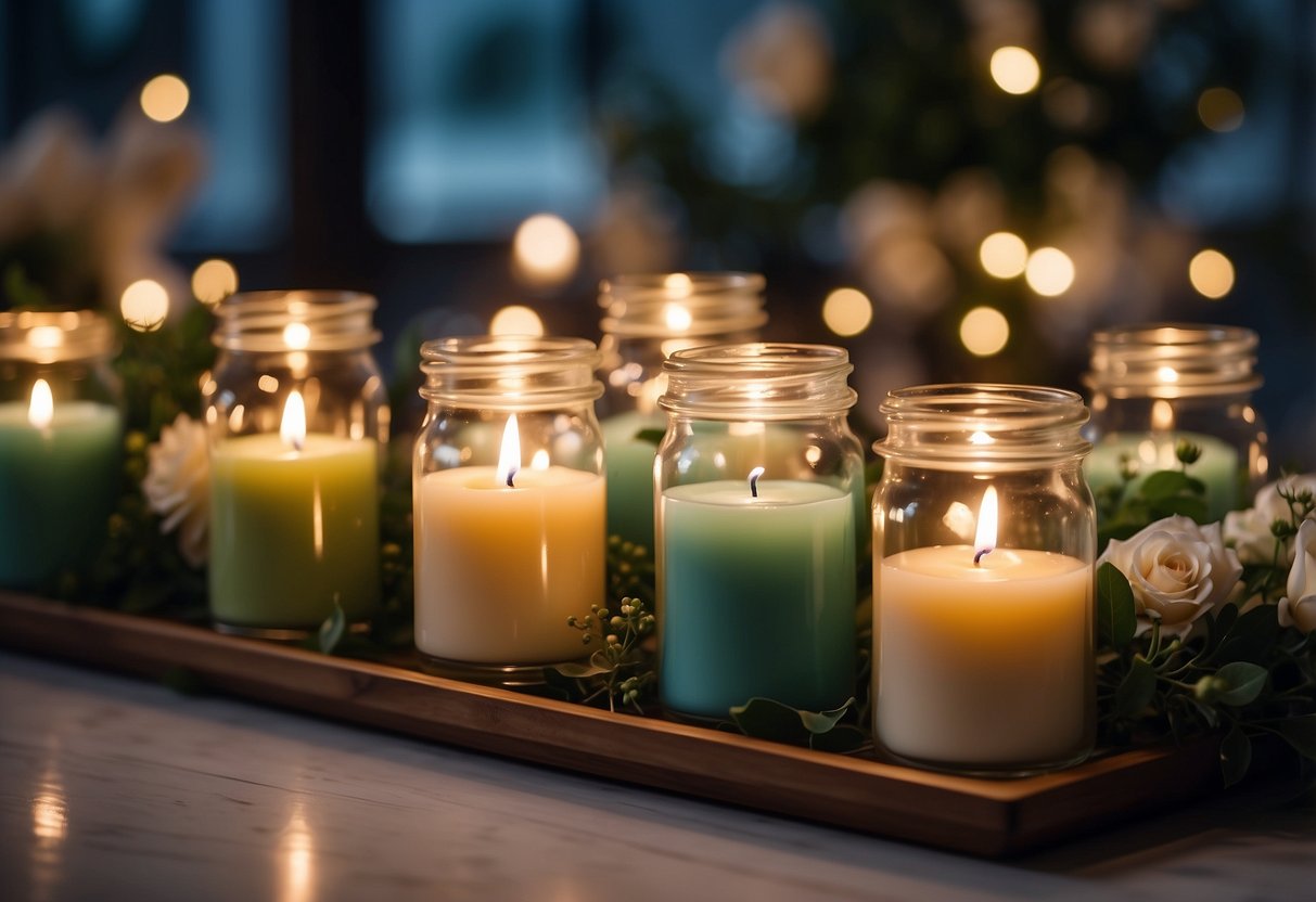 A table adorned with scented soy candles in glass jars, surrounded by delicate floral arrangements and soft lighting