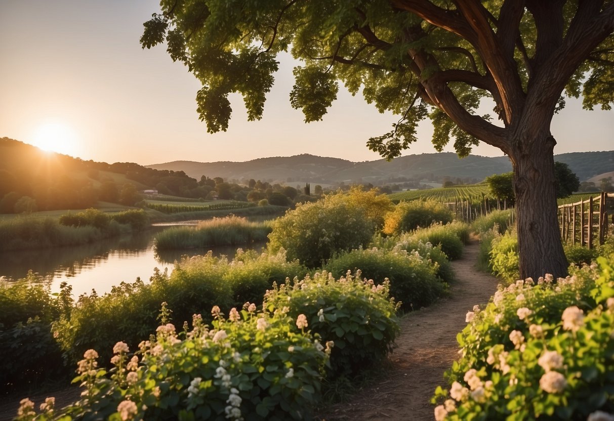 A lush garden with blooming flowers, a serene waterfront with a picturesque sunset, and a historic vineyard with rolling hills and rustic charm