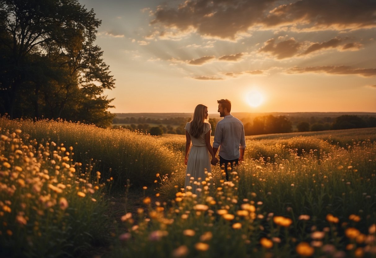 A couple standing in a field of wildflowers, holding hands and gazing into each other's eyes with the sun setting behind them