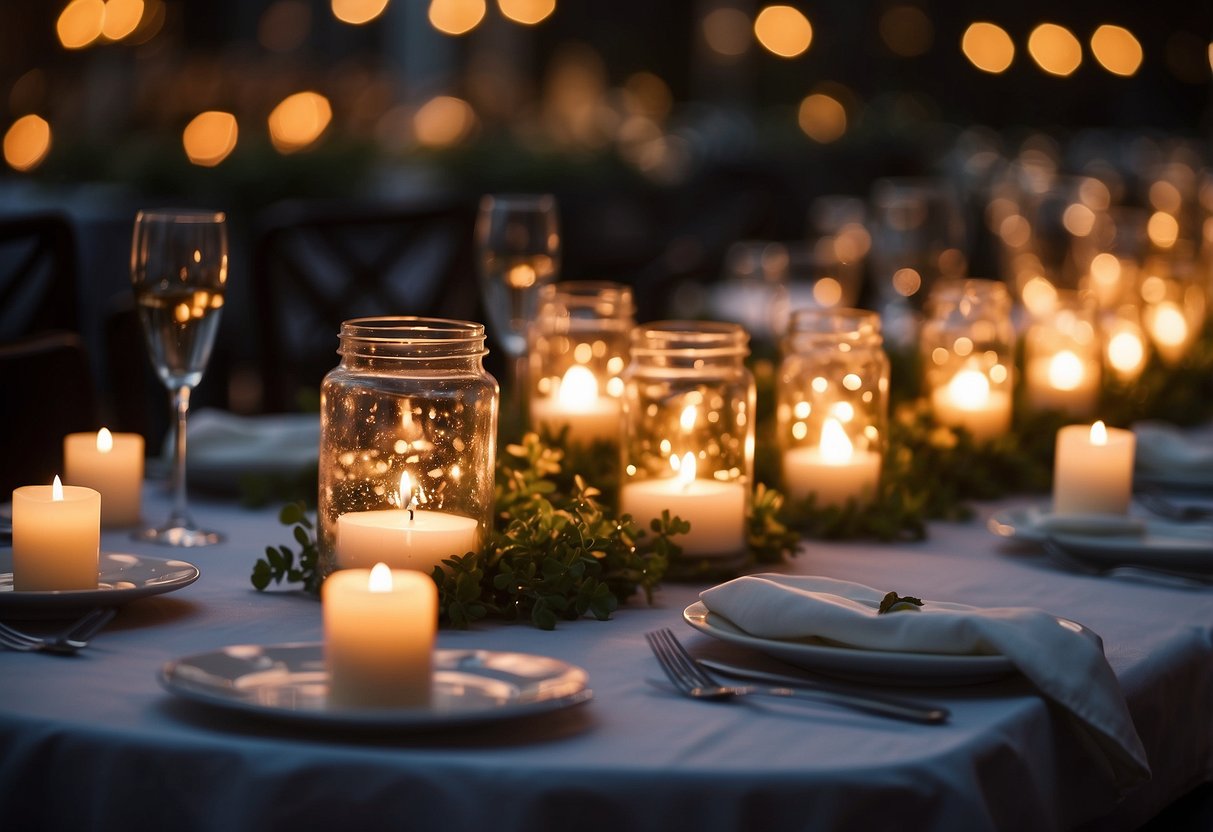 A table adorned with flickering flameless LED candles, casting a warm glow at a wedding reception