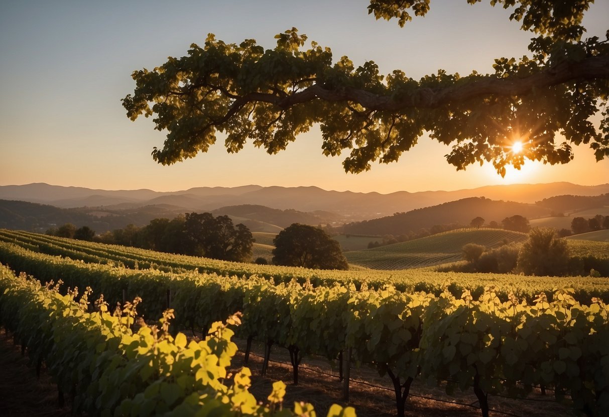 Sunset over rolling vineyard hills, with a rustic outdoor ceremony space and elegant reception hall nestled among the vines at King Family Vineyards