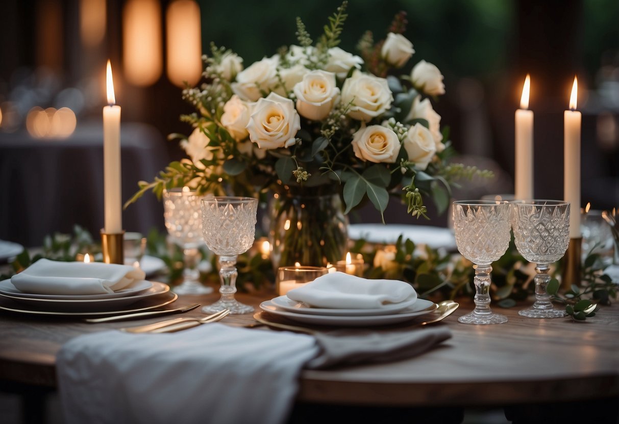 A table is set with elegant candle rings, adorned with flowers and greenery, creating a romantic ambiance for a wedding celebration