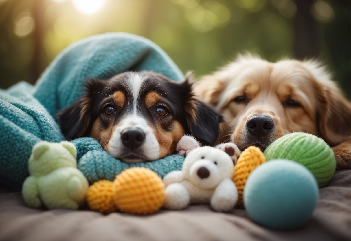 A variety of soothing dog toys scattered on a soft, cozy blanket, surrounded by a peaceful and serene environment