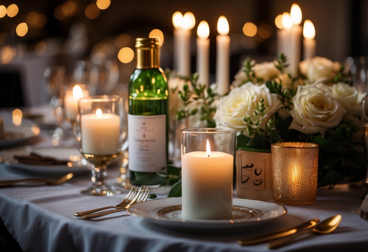 A table set with elegant wedding candles, surrounded by safety signs and fire extinguisher