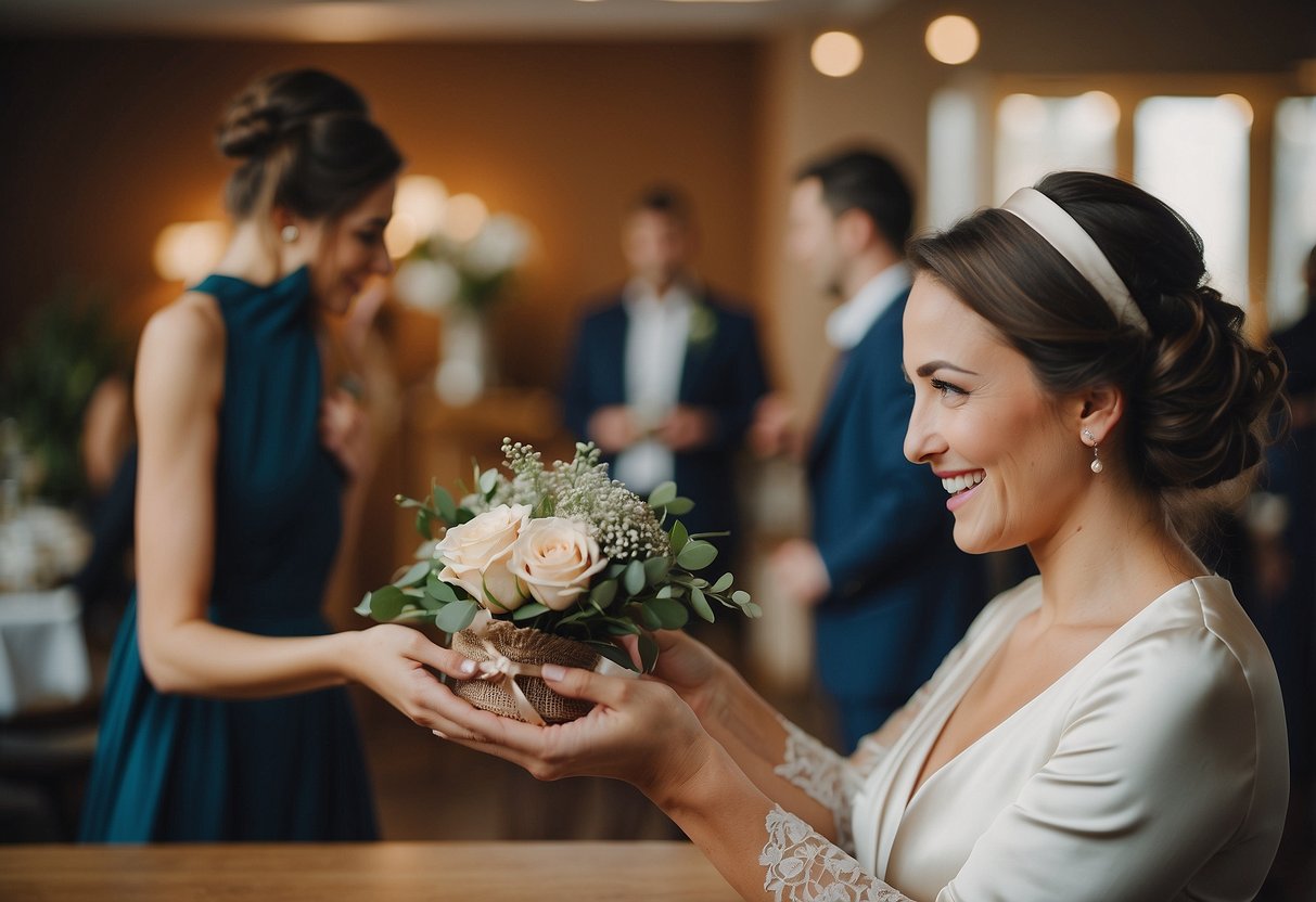 Maid of honor presents gift to bride with a smile