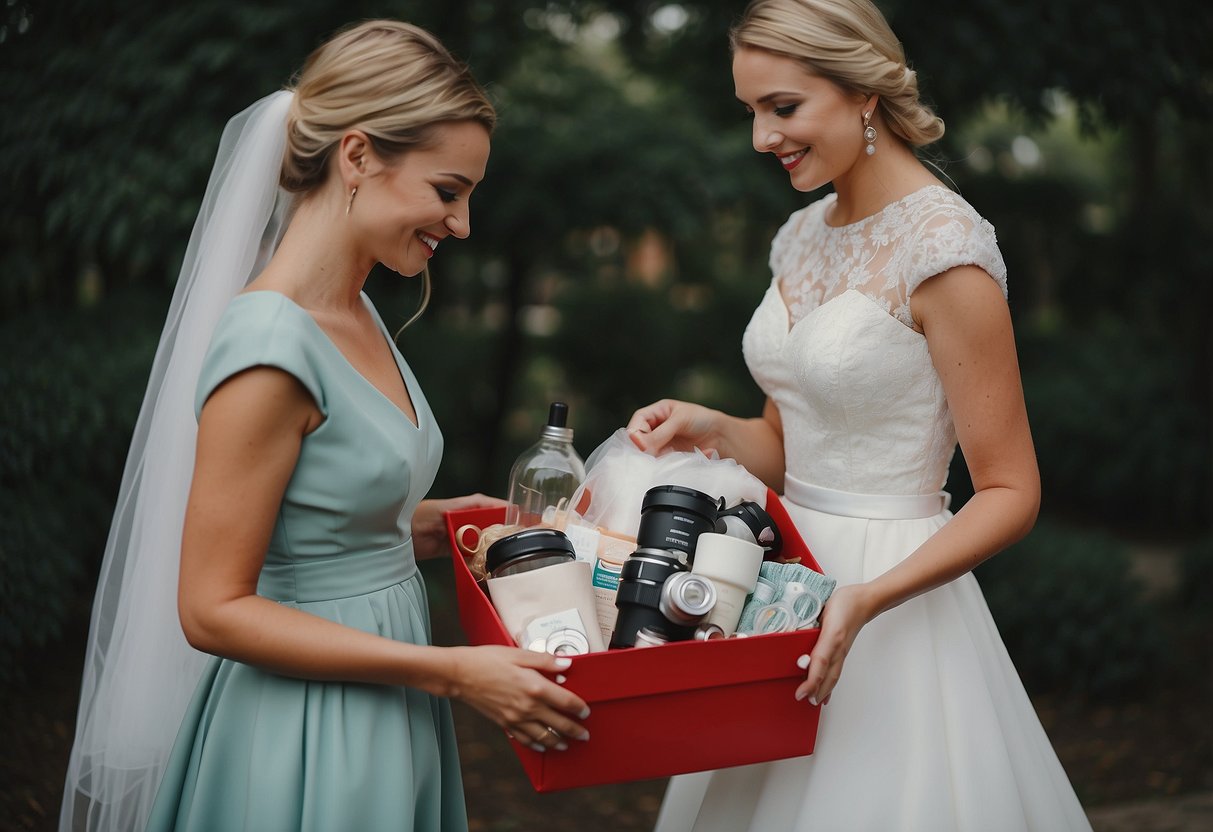 Maid of honour presents bride with emergency kit