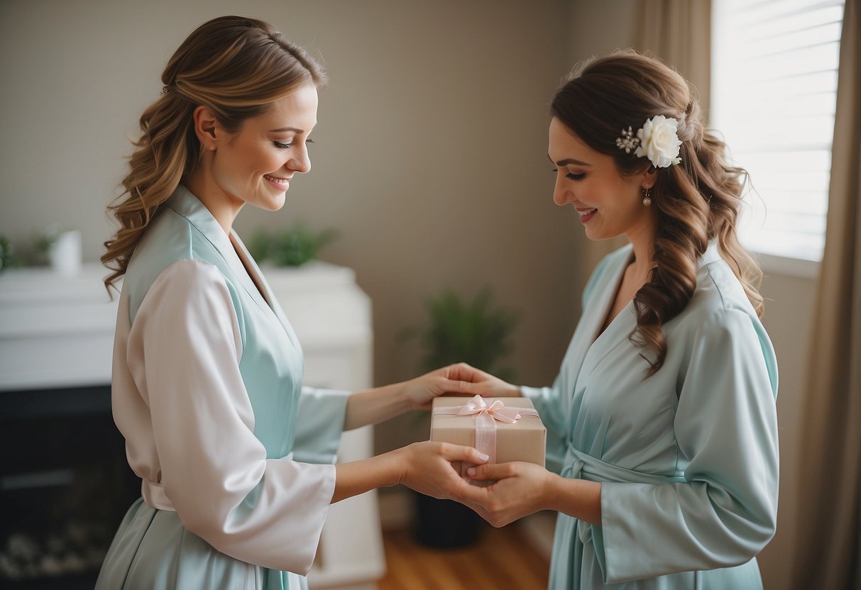 Maid of honor presents custom robe to bride for getting ready