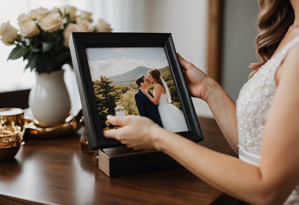 Maid of honor presents gift to bride in front of framed engagement photo