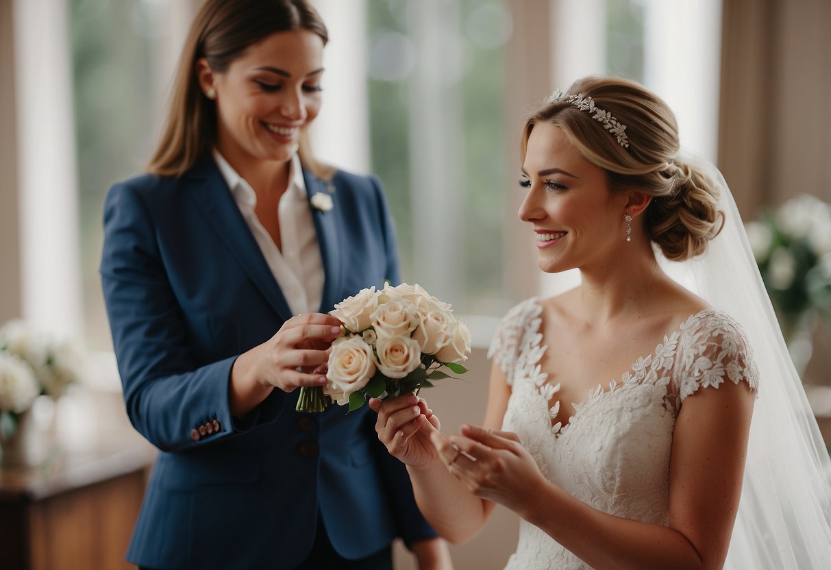 Maid of honour presents perfume to bride on wedding day