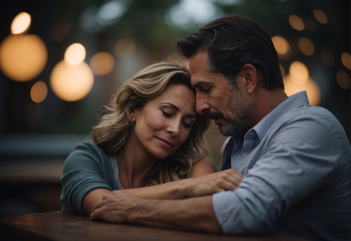 A husband comforts his wife with a warm embrace, showing love and support in times of need