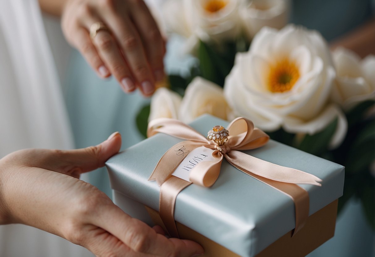 Maid of honour presents gift to bride with handwritten letter