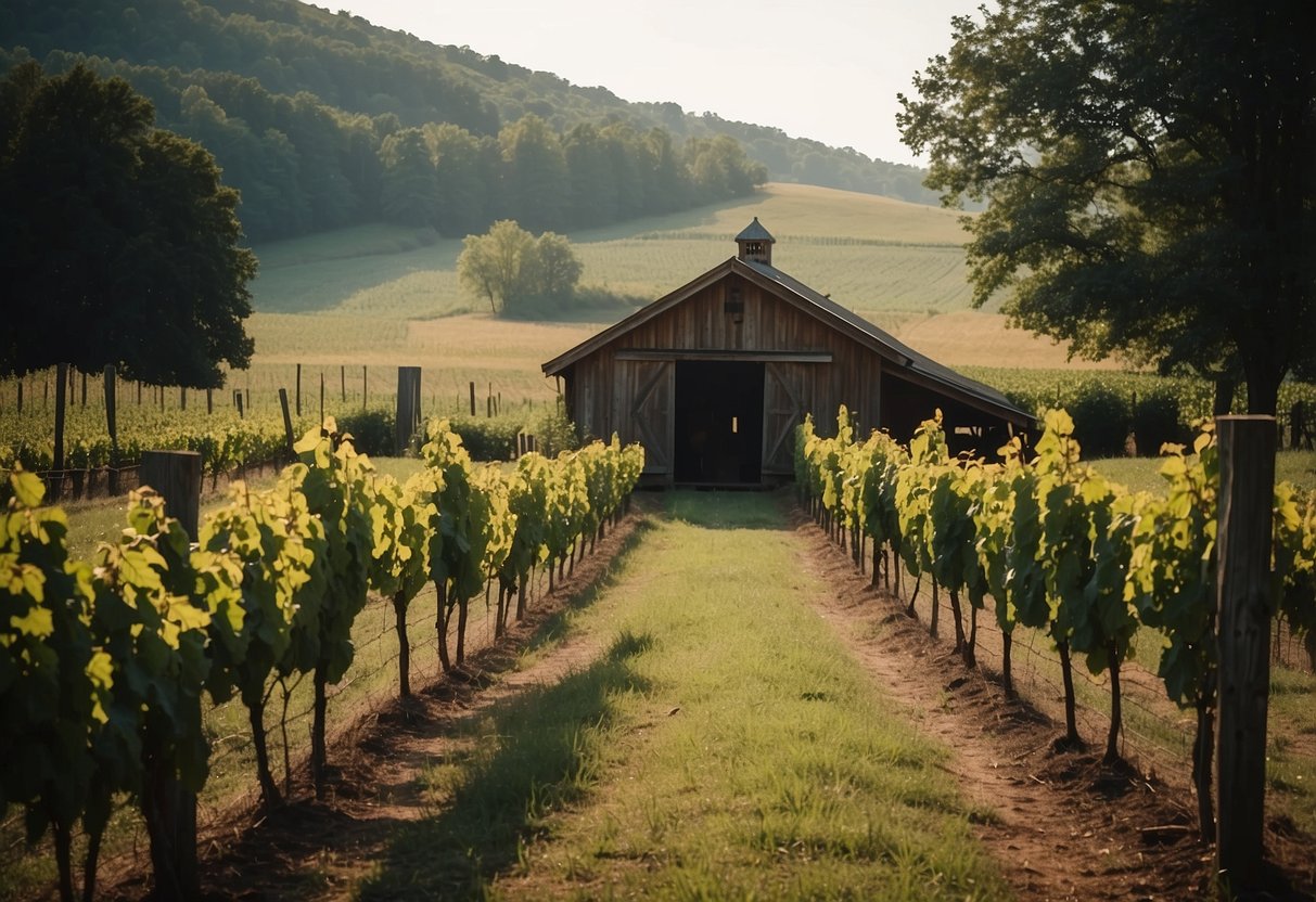 A picturesque vineyard with rolling hills, a rustic barn, and a charming gazebo nestled in the heart of the Tennessee countryside