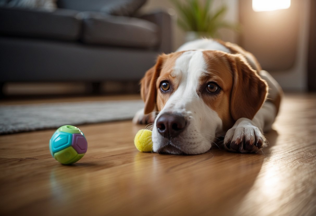 A dog sniffs and selects a calming toy from a variety of options spread out on the floor