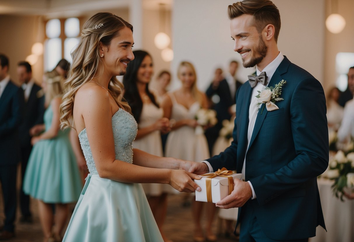 Maid of honor presents gift to bride at wedding reception