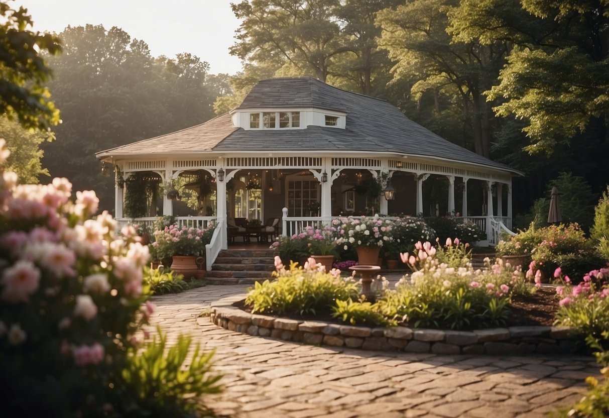 A charming inn nestled in the Virginia countryside, with blooming gardens and a picturesque gazebo, perfect for weddings