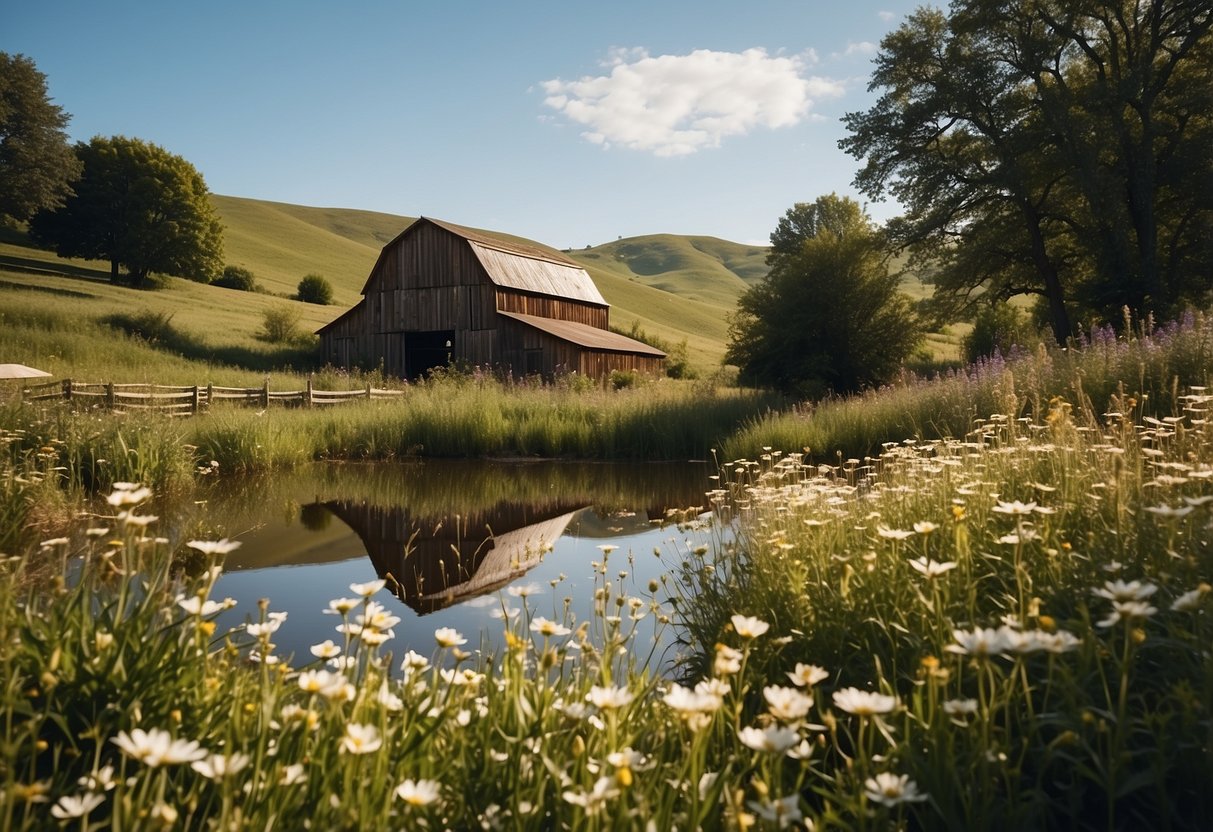 A picturesque barn nestled in rolling hills, surrounded by blooming wildflowers and lush greenery. A serene pond reflects the clear blue sky, creating a perfect backdrop for a romantic outdoor wedding ceremony