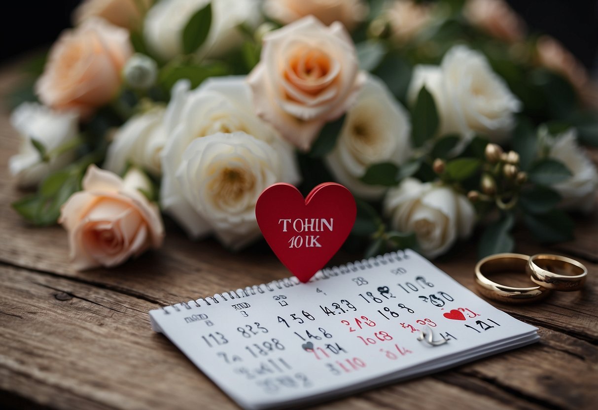 A calendar with a heart-shaped date marker, surrounded by floral decorations and wedding rings