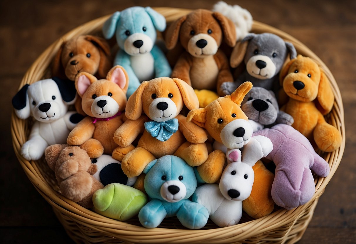 A variety of dog toys are neatly organized in a basket, including chew toys, puzzle toys, and plush toys. A few calming toys, such as a snuggle toy or a soothing chew, are placed separately