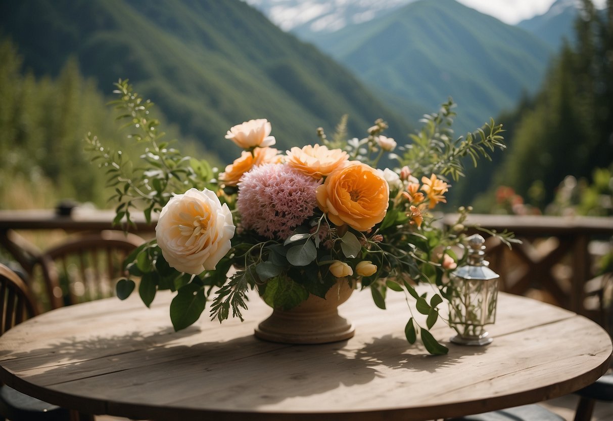 A lush outdoor setting with vibrant foliage and a picturesque mountain backdrop, complete with a charming rustic venue and elegant floral arrangements