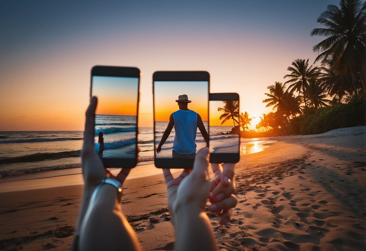 A photo strip with four frames, each showing a different romantic scene: a couple holding hands, a close-up of intertwined rings, a shared meal, and a sunset beach walk