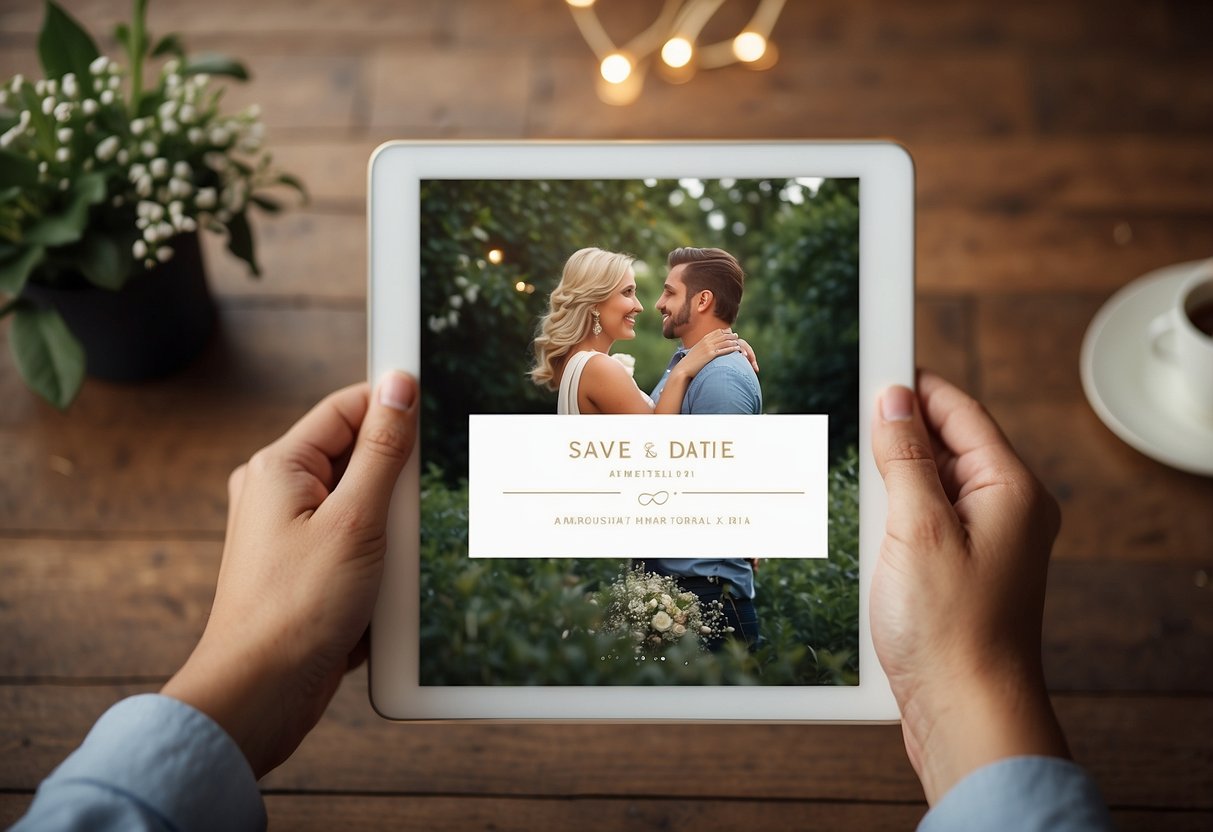 A couple's hands holding a digital tablet, displaying an animated "Save the Date" e-card with wedding ring and engagement photos