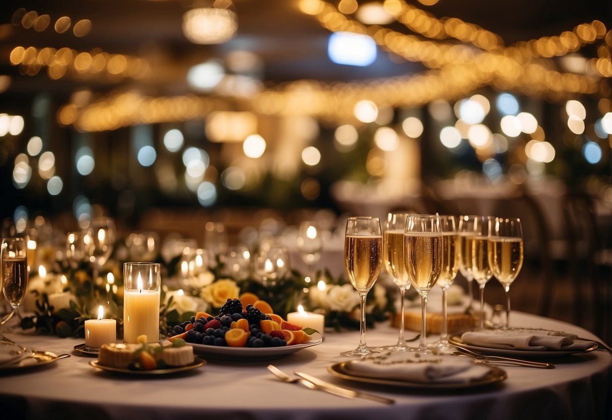 A grand ballroom adorned with glittering lights and shimmering decorations, a lavish banquet table filled with champagne and decadent desserts, and a countdown clock displaying the minutes until midnight