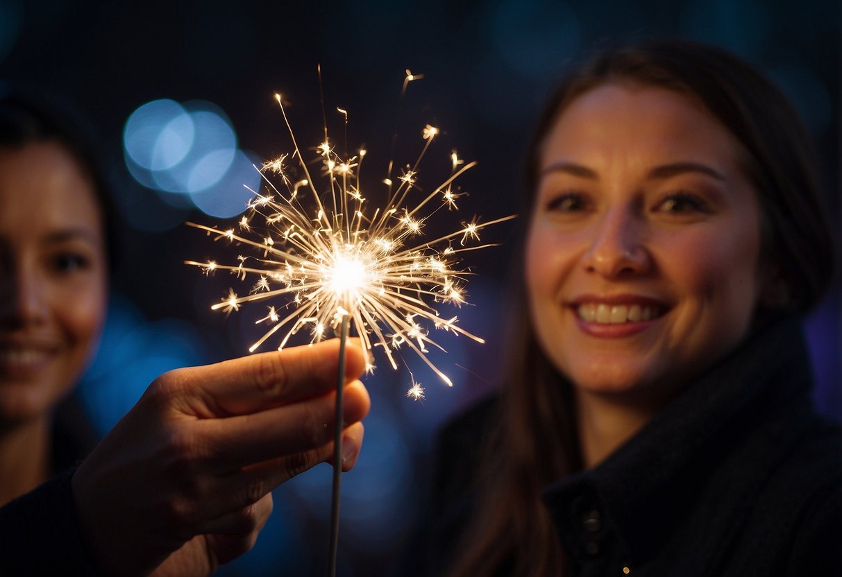 A dark night sky with a glowing sparkler sending off sparks in celebration at a wedding on New Year's Eve