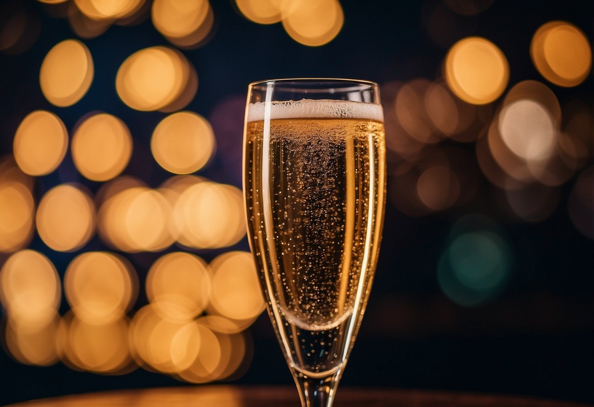 A tall champagne tower sparkles under the twinkling lights of a New Year's Eve wedding, with bubbles cascading down the pyramid of crystal flutes