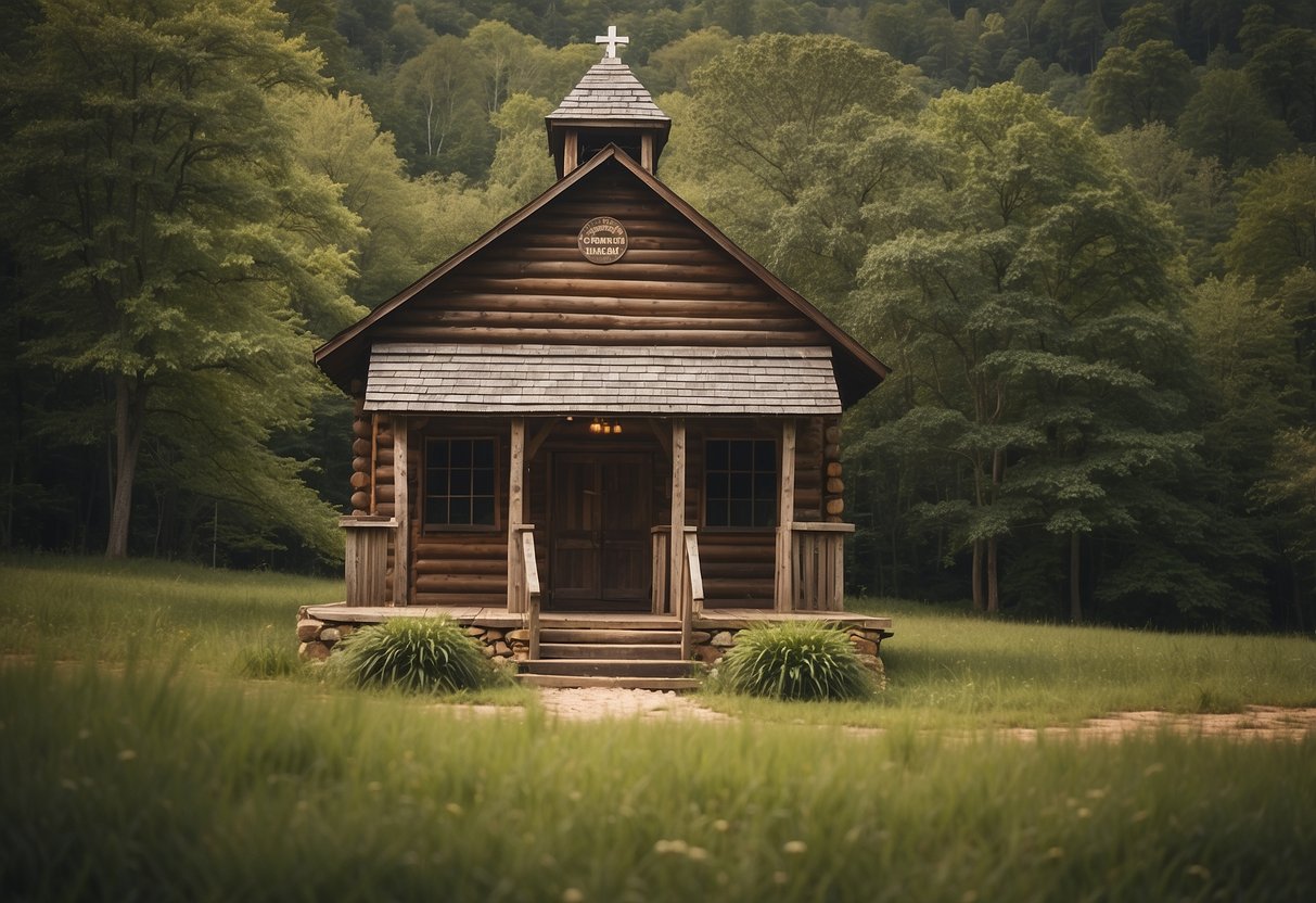 A rustic wooden wedding chapel nestled in the rolling hills of Tennessee. A sign displays the legal requirements for marriage in the state