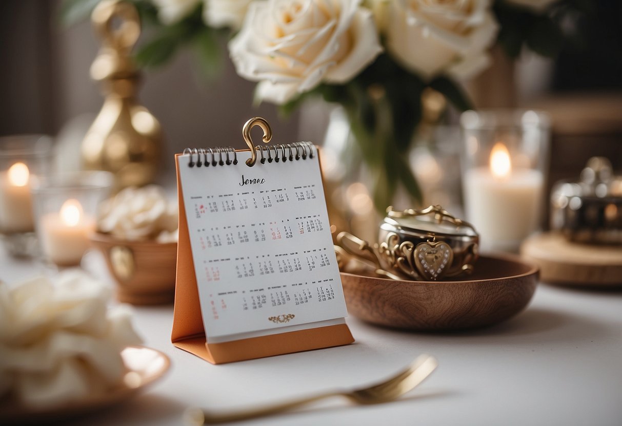 A close-up of a mini calendar with a heart-shaped sticker marking a wedding date. Surrounding it are various wedding-themed decorations and ideas