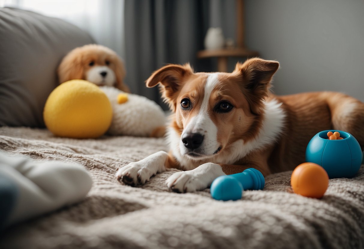 A dog lying on a cozy bed, surrounded by various calming toys such as chew toys, puzzle toys, and interactive toys. The dog appears relaxed and engaged with the toys