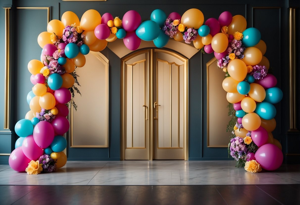 A colorful balloon arch frames the entrance, adorned with flowers and ribbons, creating a festive and romantic atmosphere for a wedding celebration